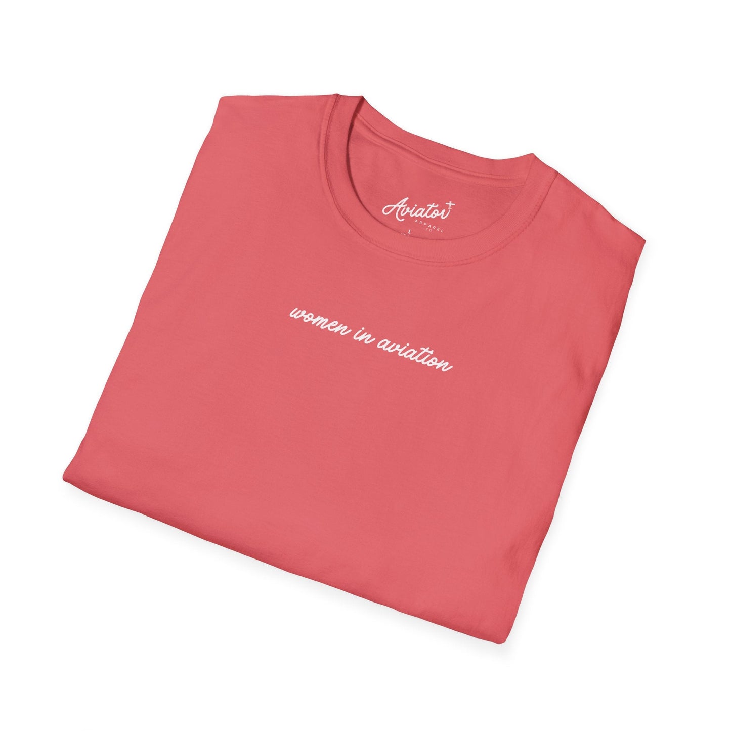 folded bright coral pink Women in Aviation T-Shirt for Female Pilots - Aviator Apparel