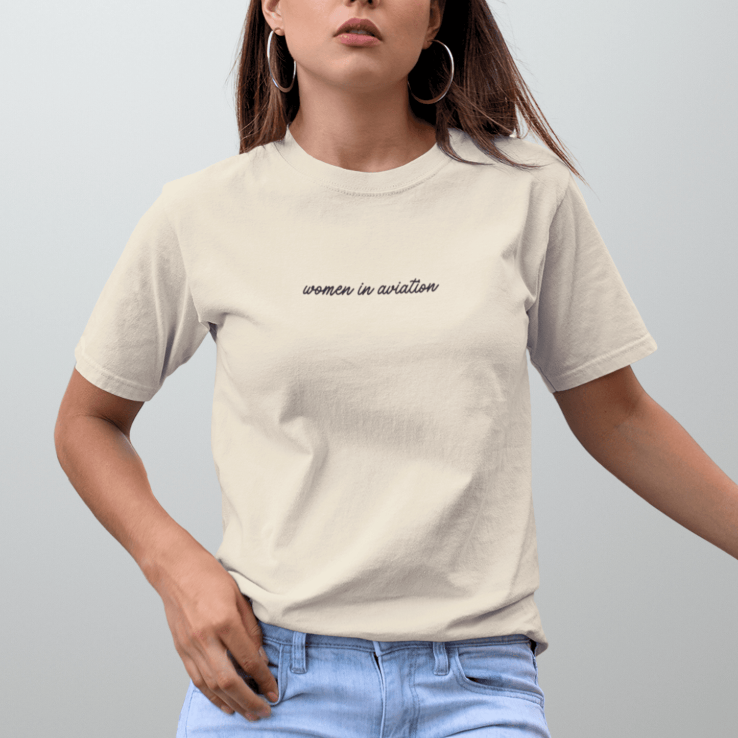 model wearing the khaki Women in Aviation T-Shirt for Female Pilots - Aviator Apparel