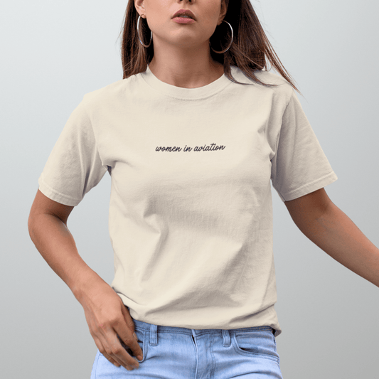 model wearing the khaki Women in Aviation T-Shirt for Female Pilots - Aviator Apparel