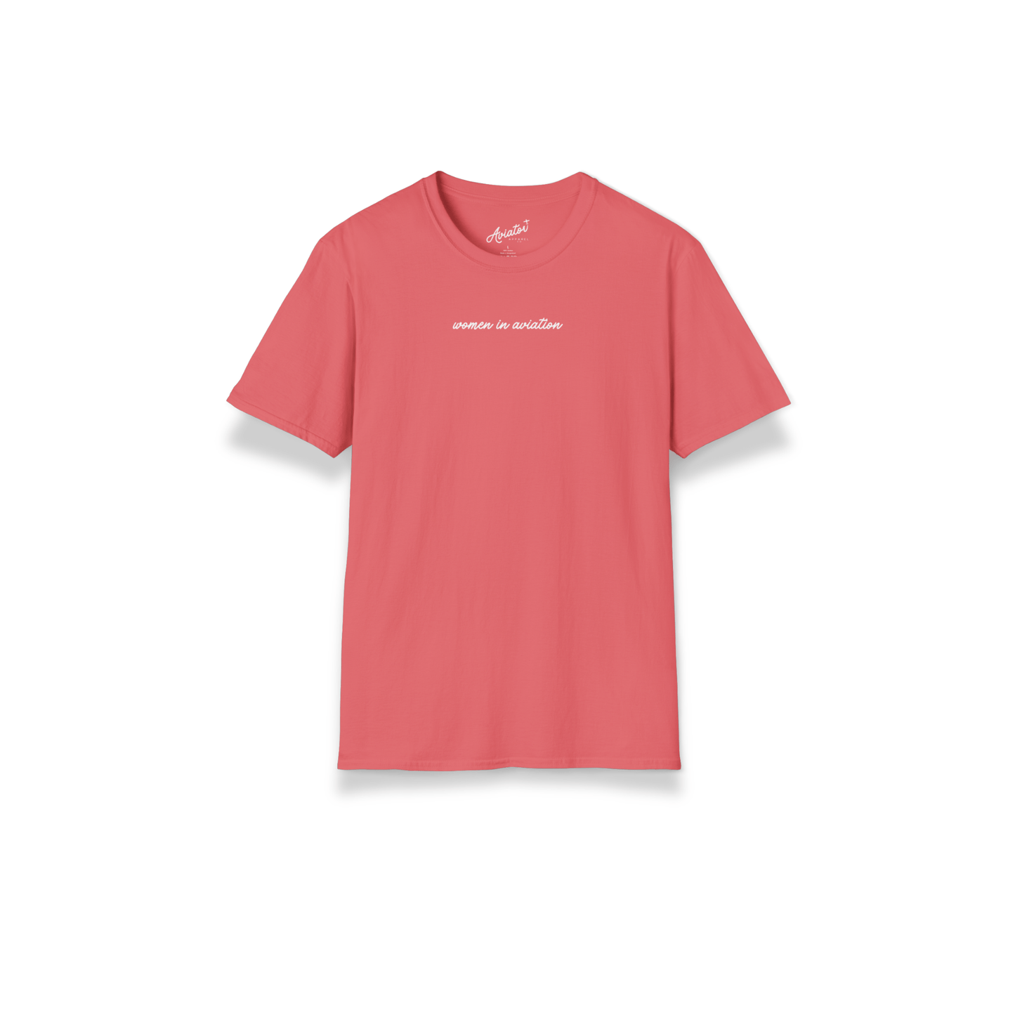 front of bright coral pink Women in Aviation T-Shirt for Female Pilots - Aviator Apparel
