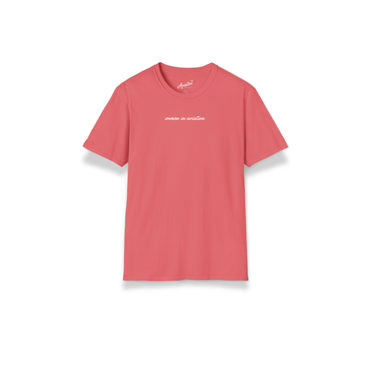 front of bright coral pink Women in Aviation T-Shirt for Female Pilots - Aviator Apparel