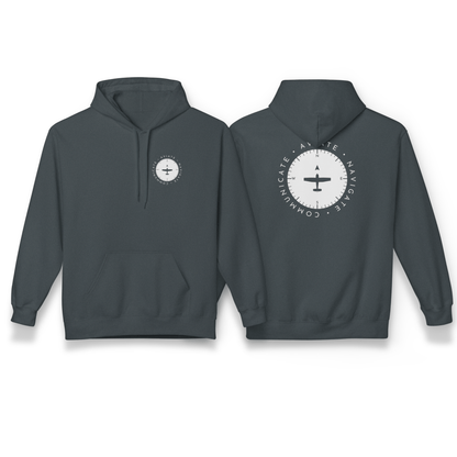 front and back of dark heather grey Aviate, Navigate, Communicate Pilot Hoodie - Aviator Apparel
