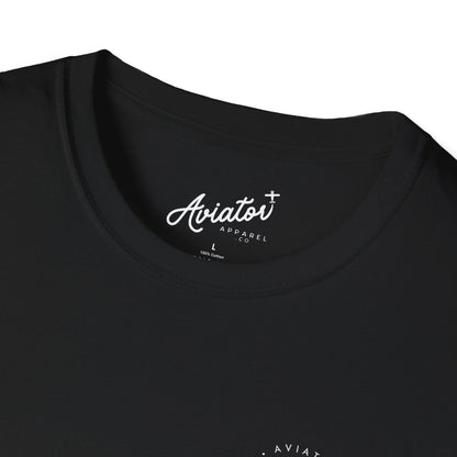 close up of the black Aviate, Navigate, Communicate Pilot T-Shirt - Aviator Apparel