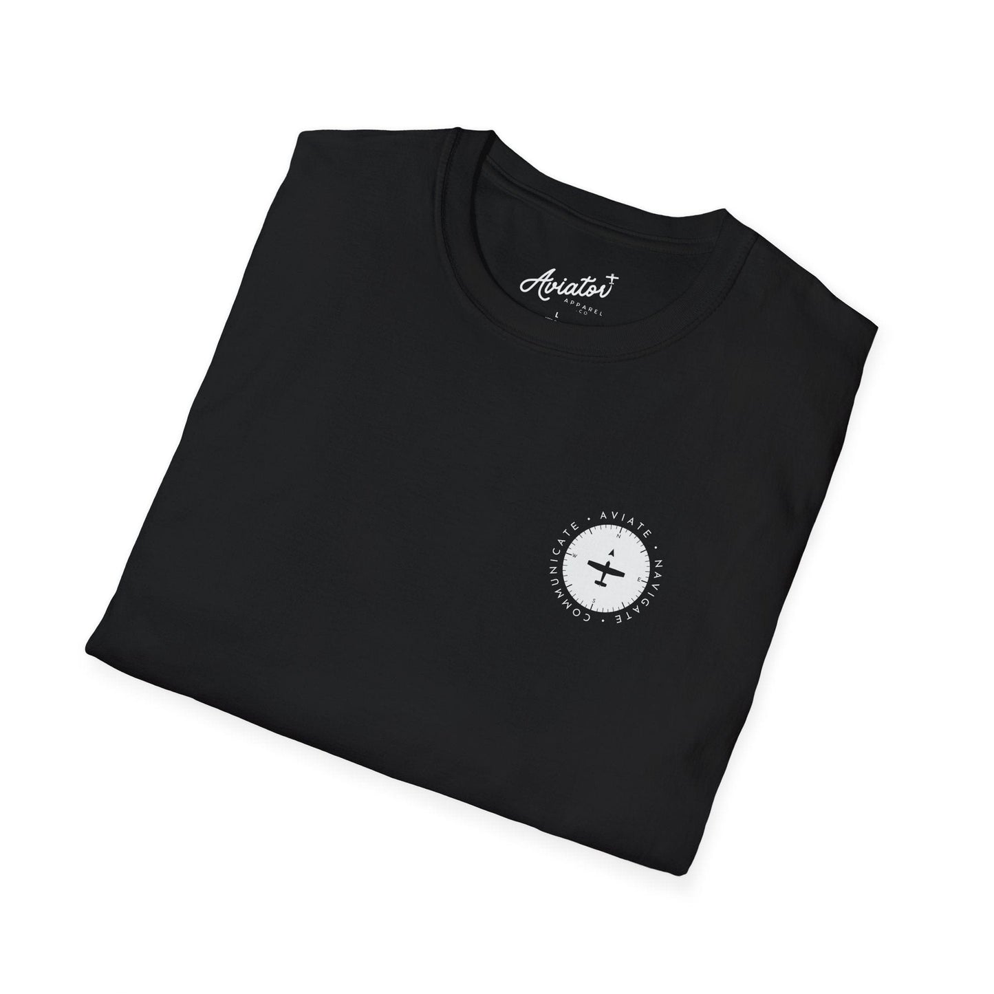 close up of the front of the folded black Aviate, Navigate, Communicate Pilot T-Shirt - Aviator Apparel