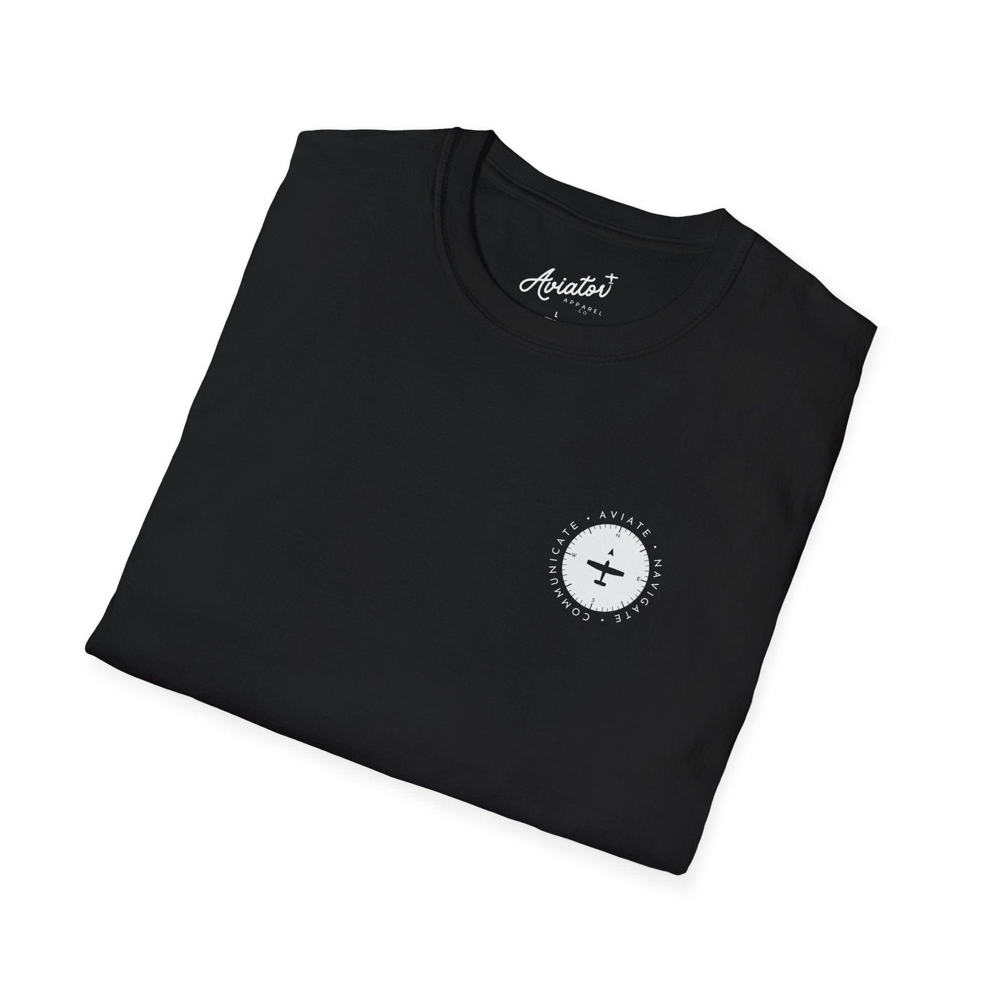close up of the front of the folded black Aviate, Navigate, Communicate Pilot T-Shirt - Aviator Apparel