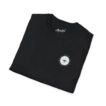 close up of the front of the folded black Aviate, Navigate, Communicate Pilot T-Shirt - Aviator Apparel