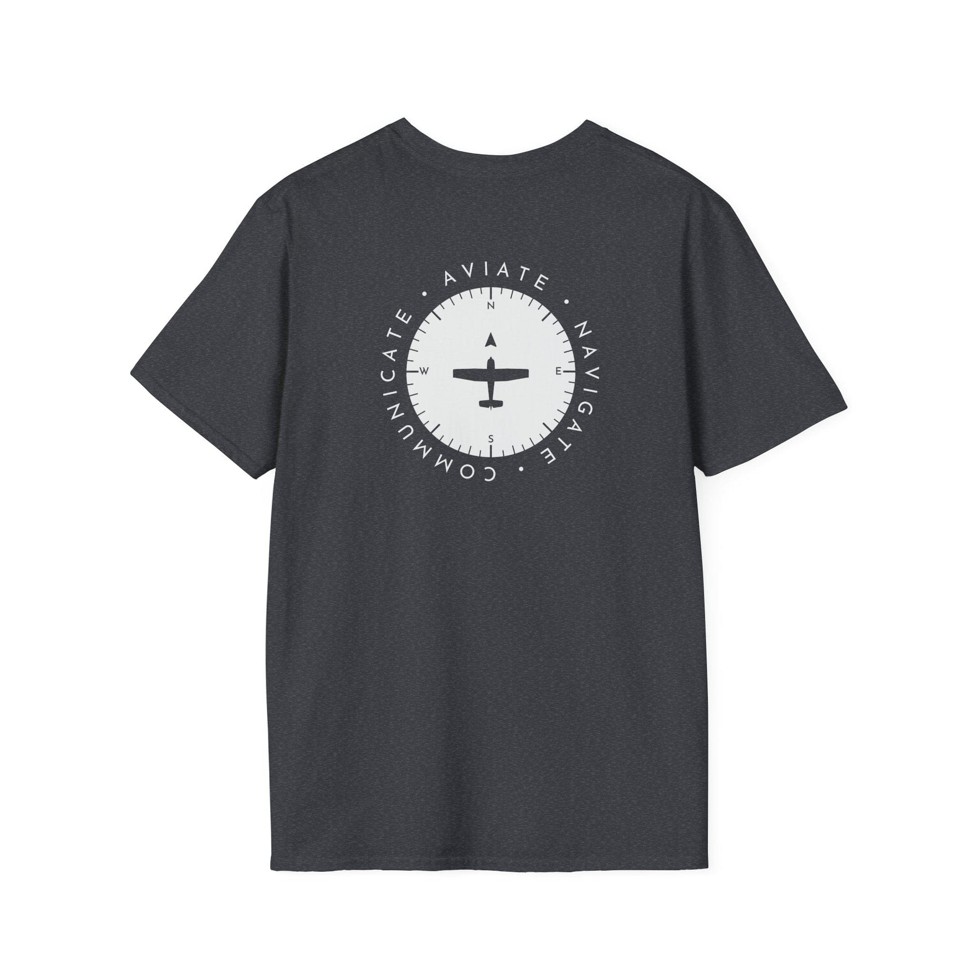 back of dark heather grey Aviate, Navigate, Communicate Pilot T-Shirt - Aviator Apparel