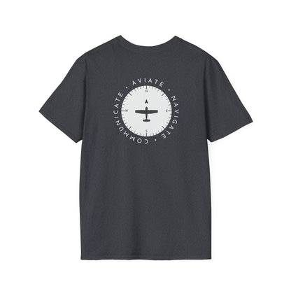 back of dark heather grey Aviate, Navigate, Communicate Pilot T-Shirt - Aviator Apparel