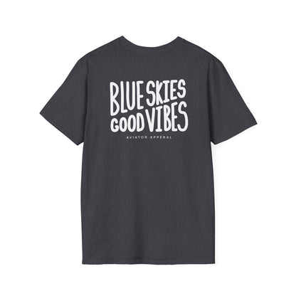 back of dark heather grey Blue Skies, Good Vibes Aviator T-Shirt - Aviator Apparel