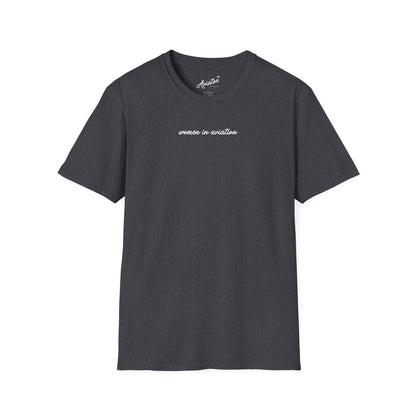 front of dark heather grey Women in Aviation T-Shirt for Female Pilots - Aviator Apparel