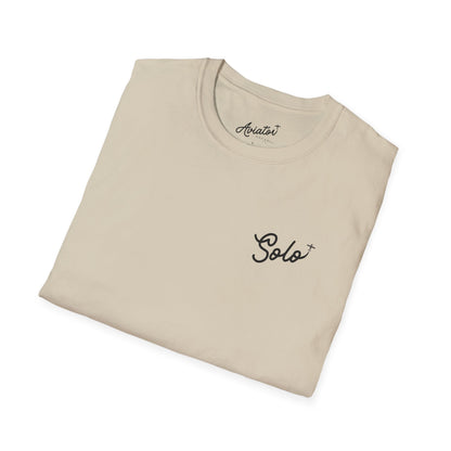 close up of the front of a folded khaki Solo Since 2025 T-Shirt - First Solo Gift for Pilots - Aviator Apparel