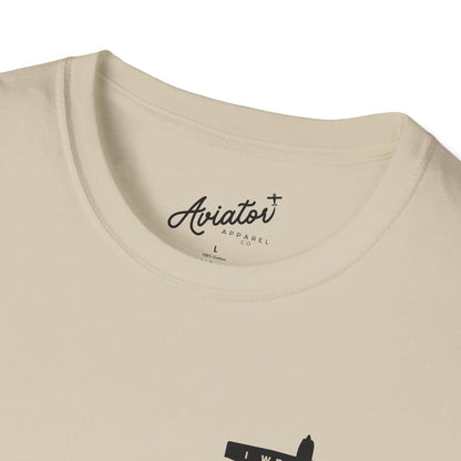 close up of khaki of I went solo t-shirt - first solo flight gift for pilots - Aviator Apparel