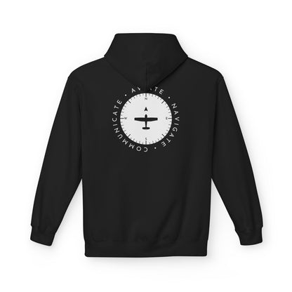 back of black Aviate, Navigate, Communicate Pilot Hoodie - Aviator Apparel