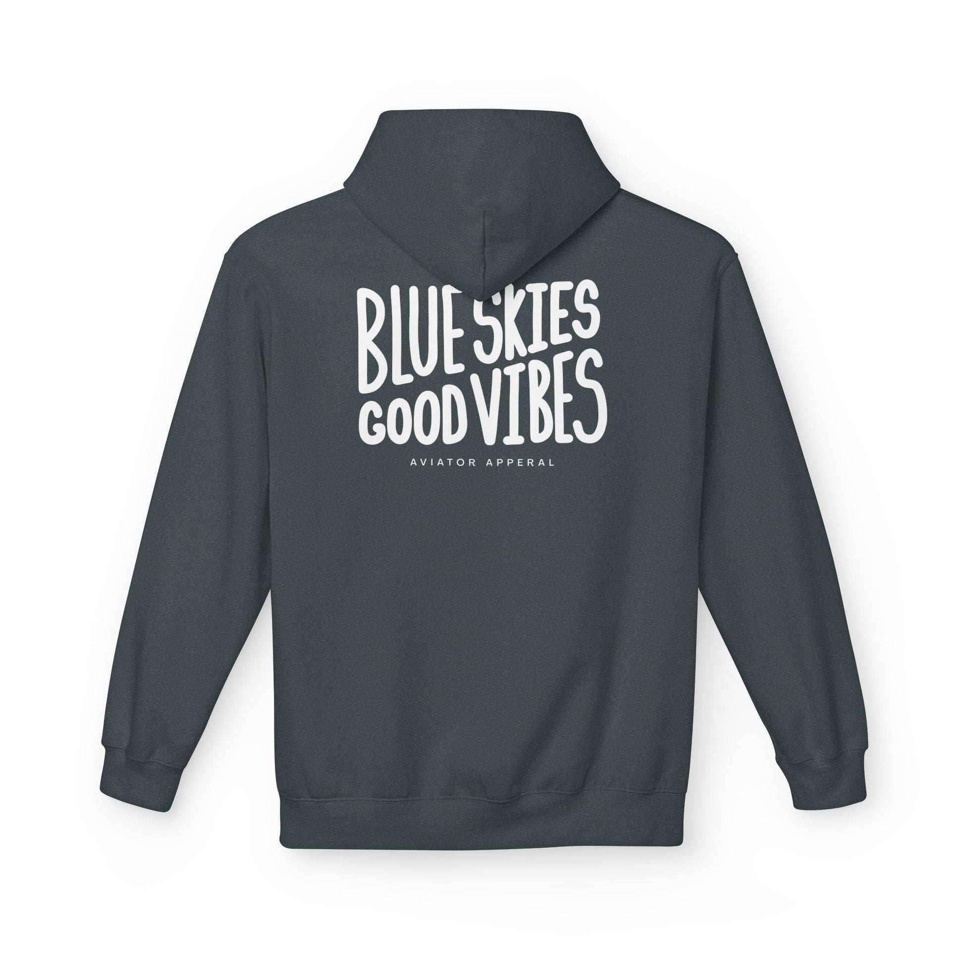 back of dark heather grey Blue Skies, Good Vibes Hoodie for Pilots - Aviator Apparel