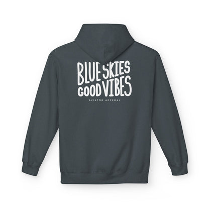 back of dark heather grey Blue Skies, Good Vibes Hoodie for Pilots - Aviator Apparel