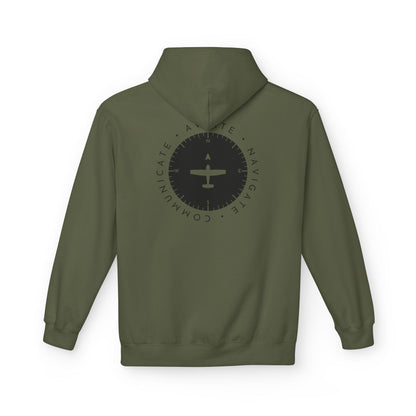 back of green Aviate, Navigate, Communicate Pilot Hoodie - Aviator Apparel