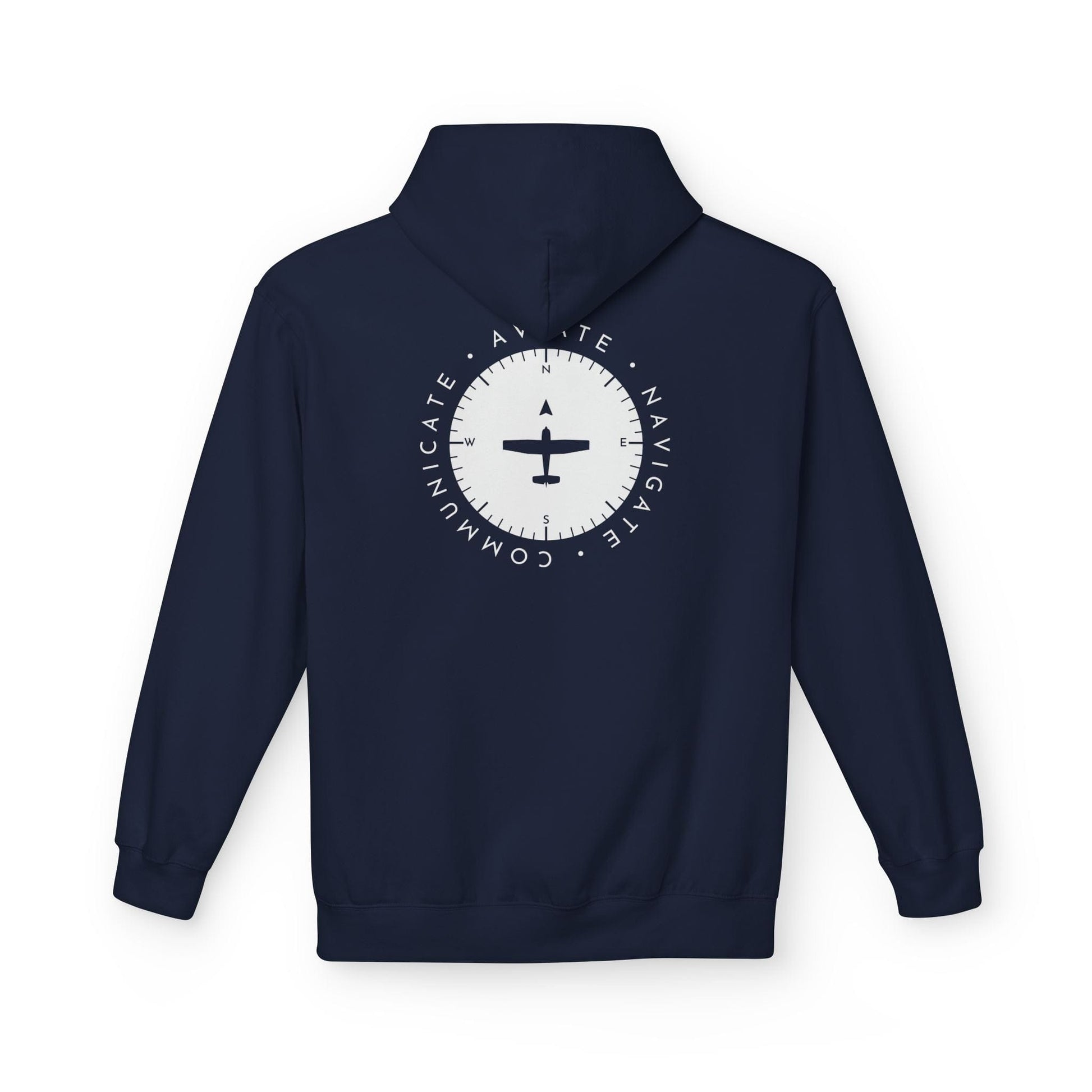 back of navy Aviate, Navigate, Communicate Pilot Hoodie - Aviator Apparel