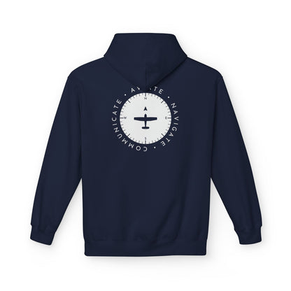 back of navy Aviate, Navigate, Communicate Pilot Hoodie - Aviator Apparel