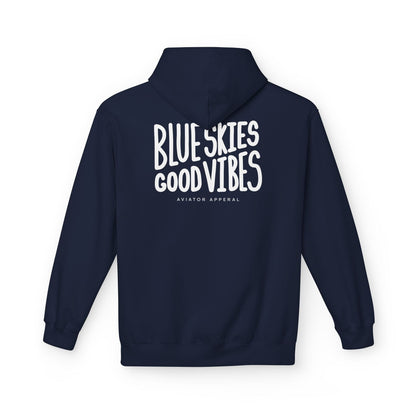 back of navy Blue Skies, Good Vibes Hoodie for Pilots - Aviator Apparel