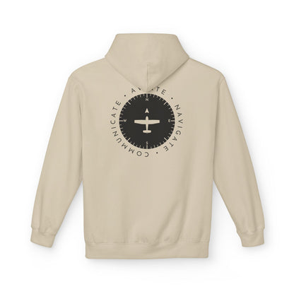 back of khaki Aviate, Navigate, Communicate Pilot Hoodie - Aviator Apparel