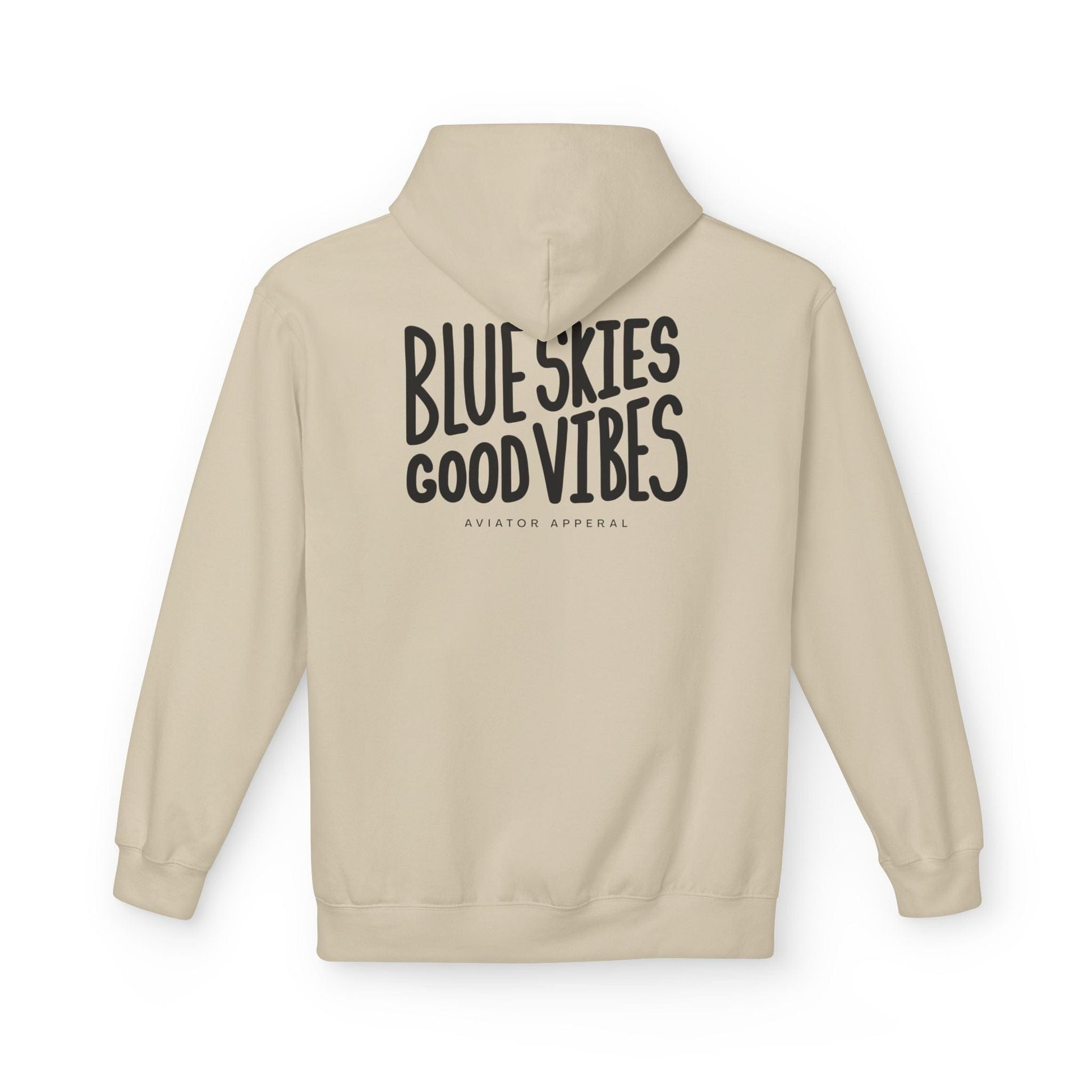 back of khaki Blue Skies, Good Vibes Hoodie for Pilots - Aviator Apparel