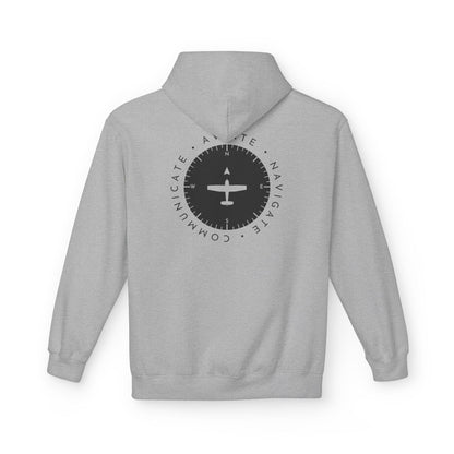 back of grey Aviate, Navigate, Communicate Pilot Hoodie - Aviator Apparel