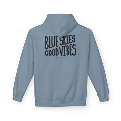 back of stone blue Blue Skies, Good Vibes Hoodie for Pilots - Aviator Apparel