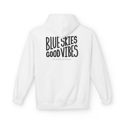 back of white Blue Skies, Good Vibes Hoodie for Pilots - Aviator Apparel