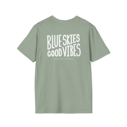 back of sage green Blue Skies, Good Vibes Aviator T-Shirt - Aviator Apparel