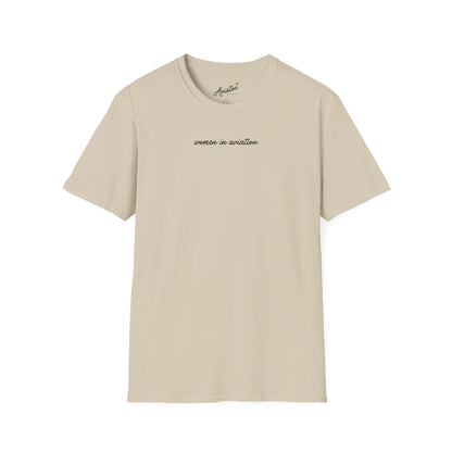 front of khaki Women in Aviation T-Shirt for Female Pilots - Aviator Apparel