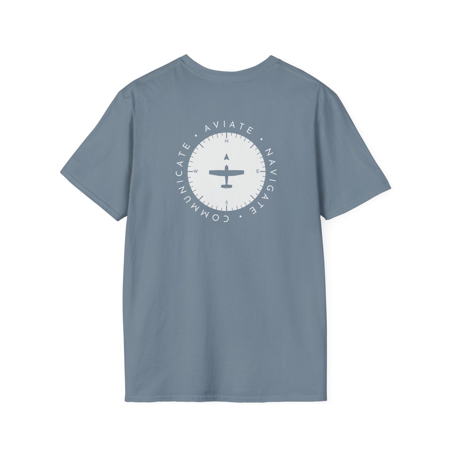 back of stone blue Aviate, Navigate, Communicate Pilot T-Shirt - Aviator Apparel