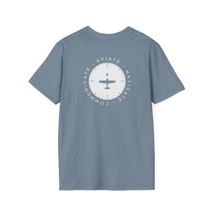 back of stone blue Aviate, Navigate, Communicate Pilot T-Shirt - Aviator Apparel
