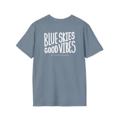 back of stone blue Blue Skies, Good Vibes Aviator T-Shirt - Aviator Apparel