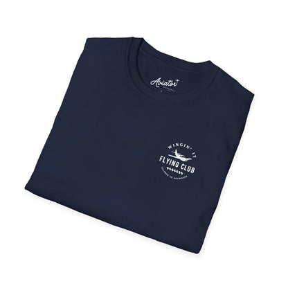the front of a folded black Wingin' It Flying Club T-Shirt - Aviator Apparel
